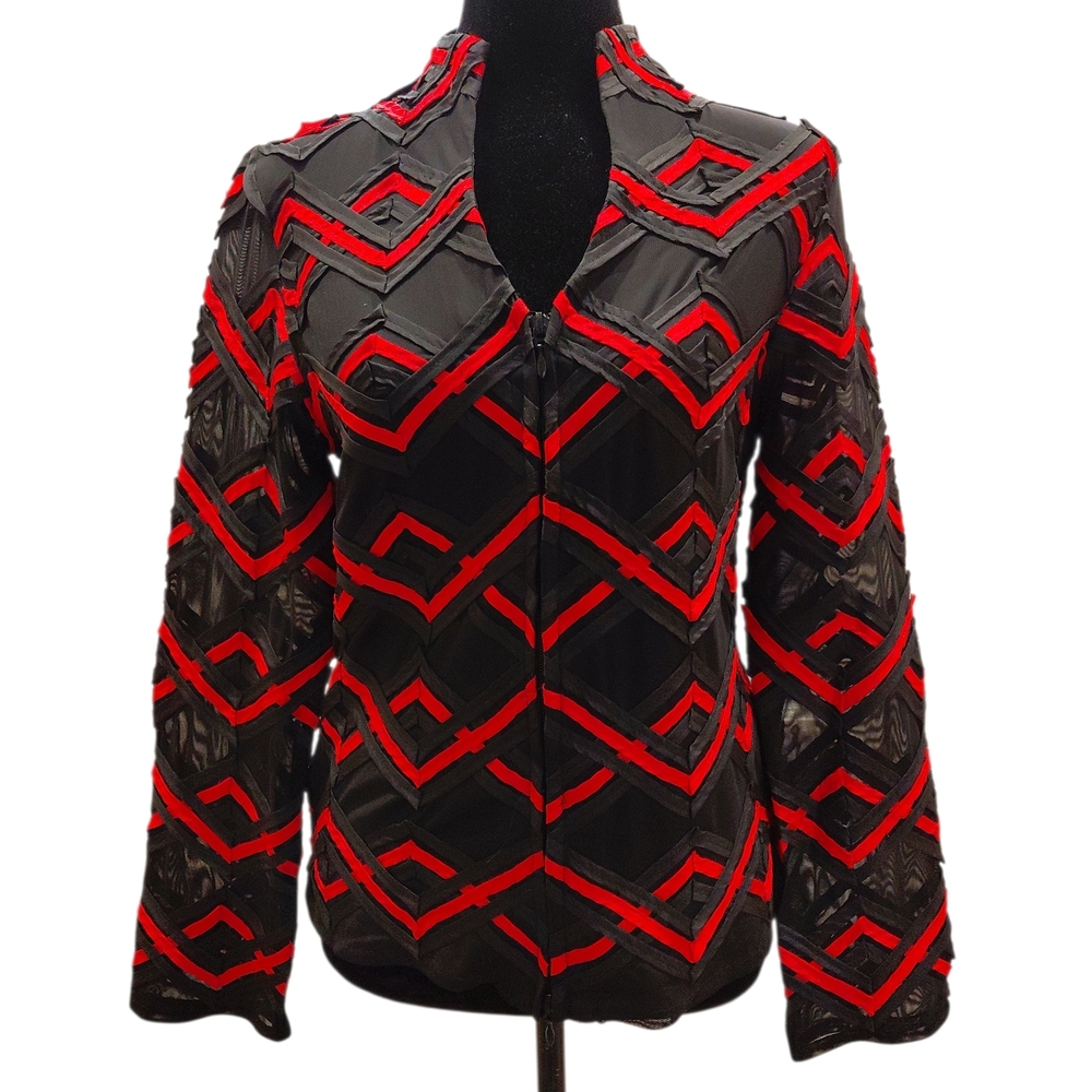 "T&J Designs" NWT, Sz. S, Black and Red Chevron Blazer. 100% polyester....